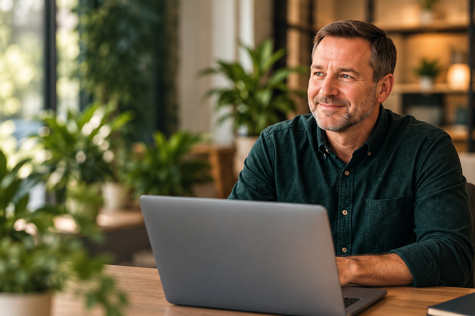 A consultant at a laptop in a warm office — illustrative brand portrait